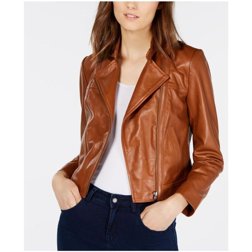 Michael Kors Womens Leather Motorcycle Jacket, Brown, Petite, P/PS, DM